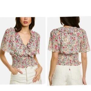 ASTR the Label Floral Ruffle Sleeve Smocked Crop Top Surplice Blouse